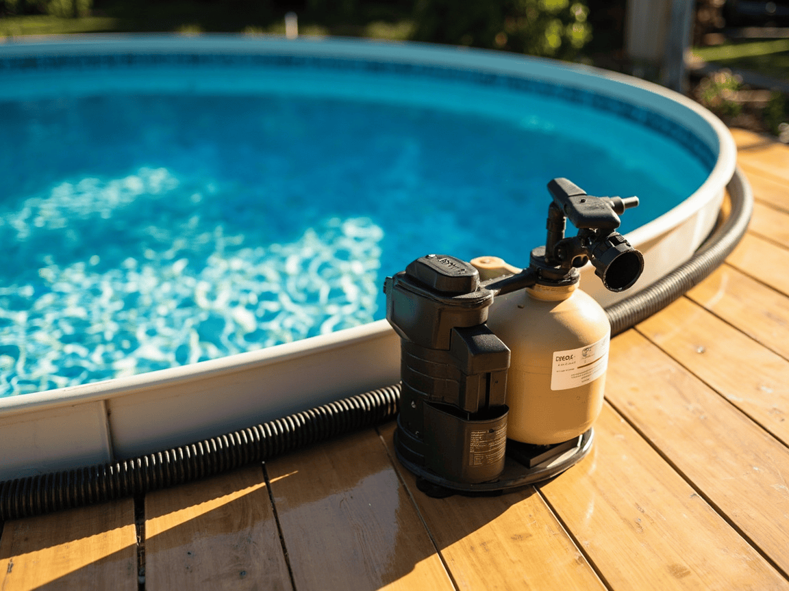 Above-ground pool pump and sand filter on a wood deck with a return hose running into the pool
