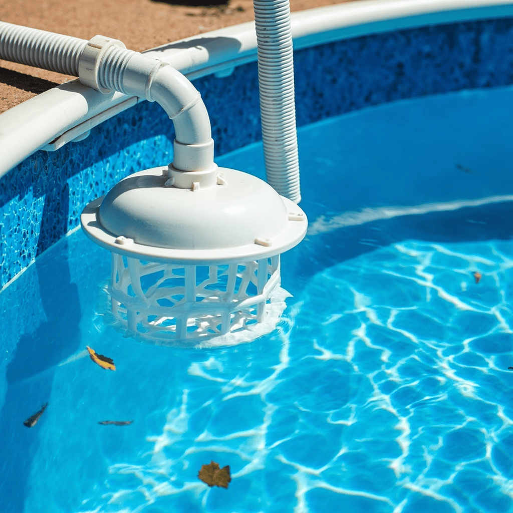 Over-the-wall above-ground skimmer with debris basket hooked on a vinyl pool top rail