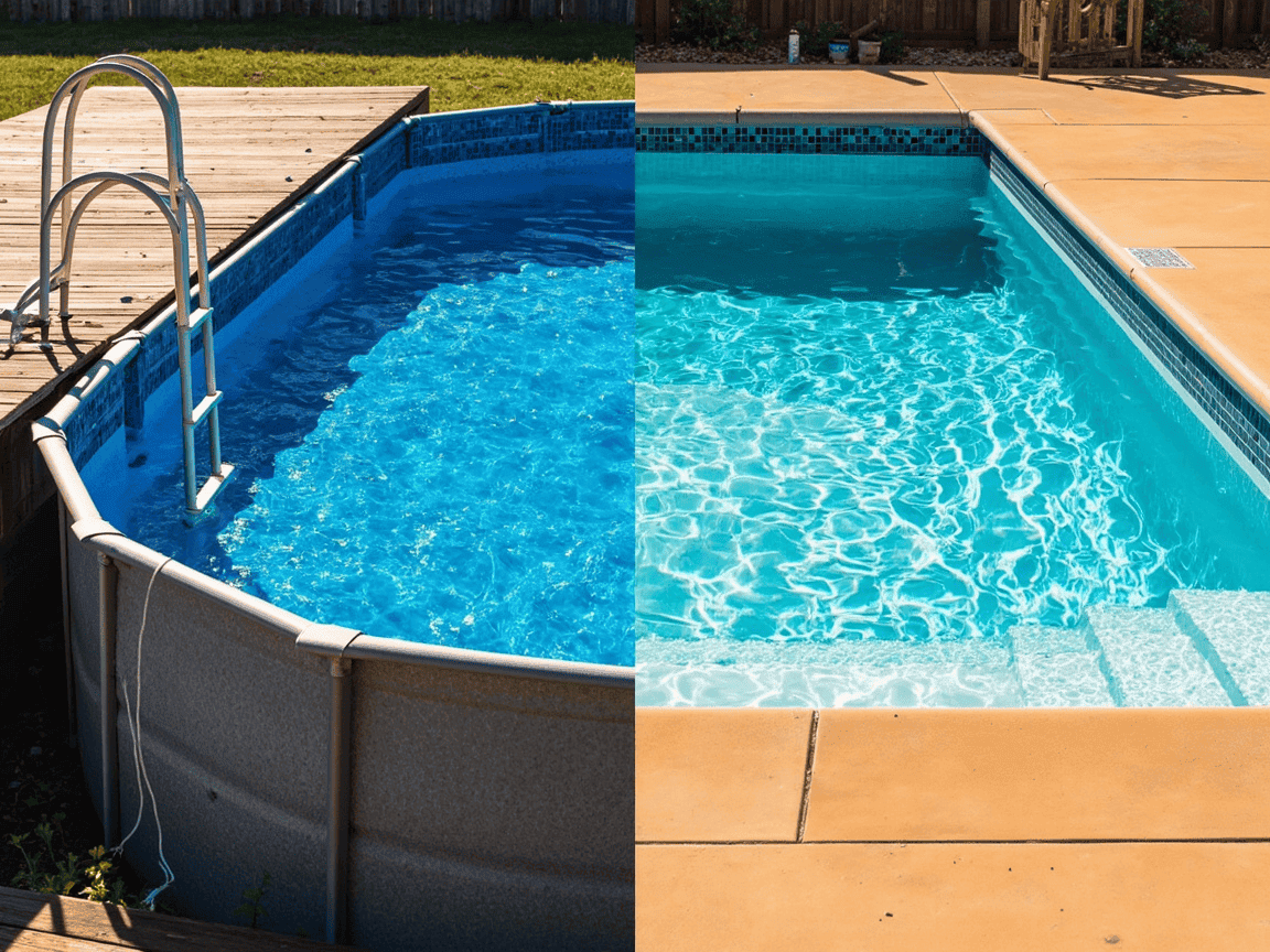 Above-ground round pool with metal wall beside an inground rectangular pool flush with a concrete deck