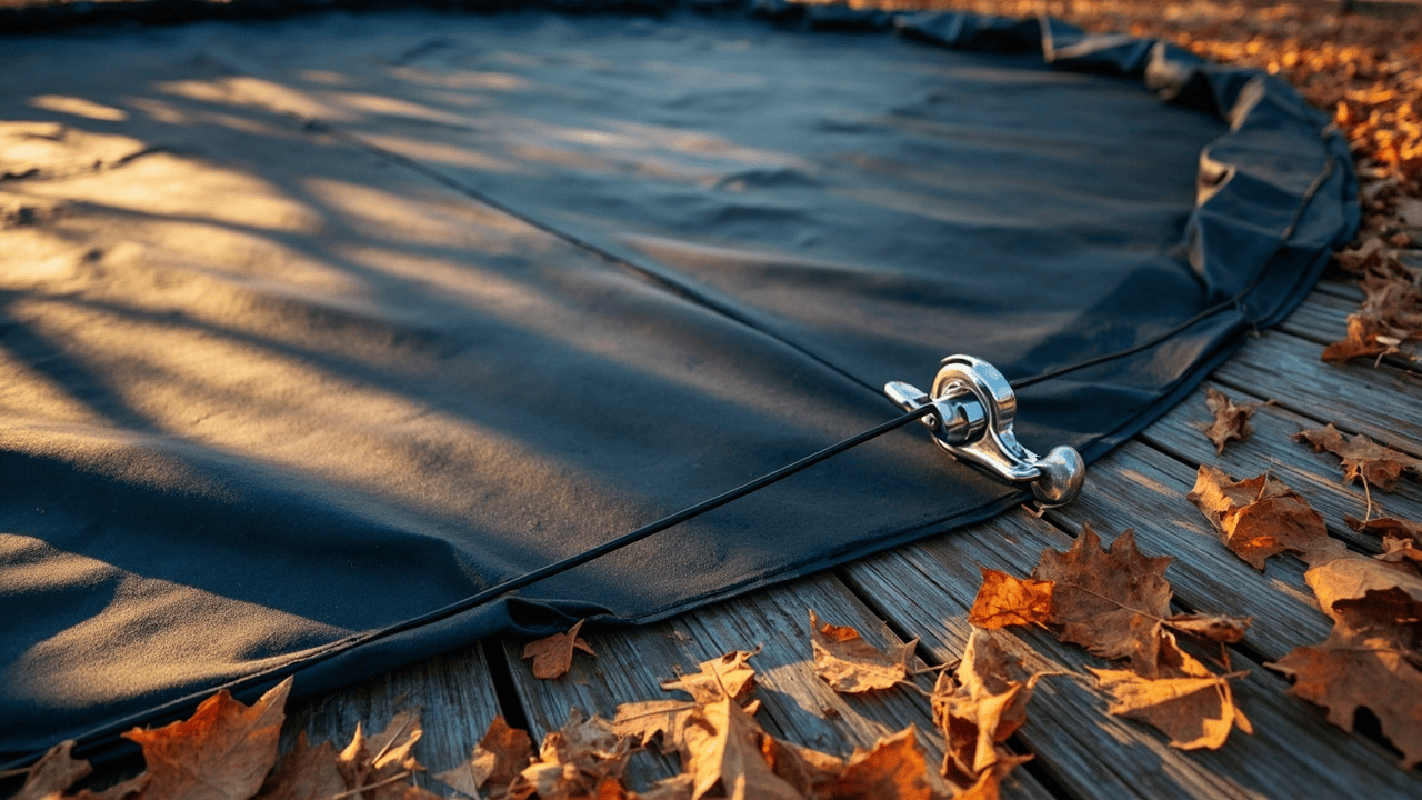Above-ground round pool under a navy winter cover secured by cable and winch