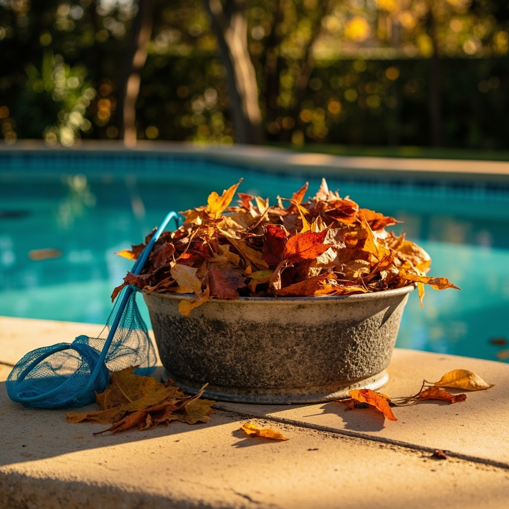 Pool skimmer basket on tan deck beside clear blue pool, filled with orange, red, and golden autumn leaves