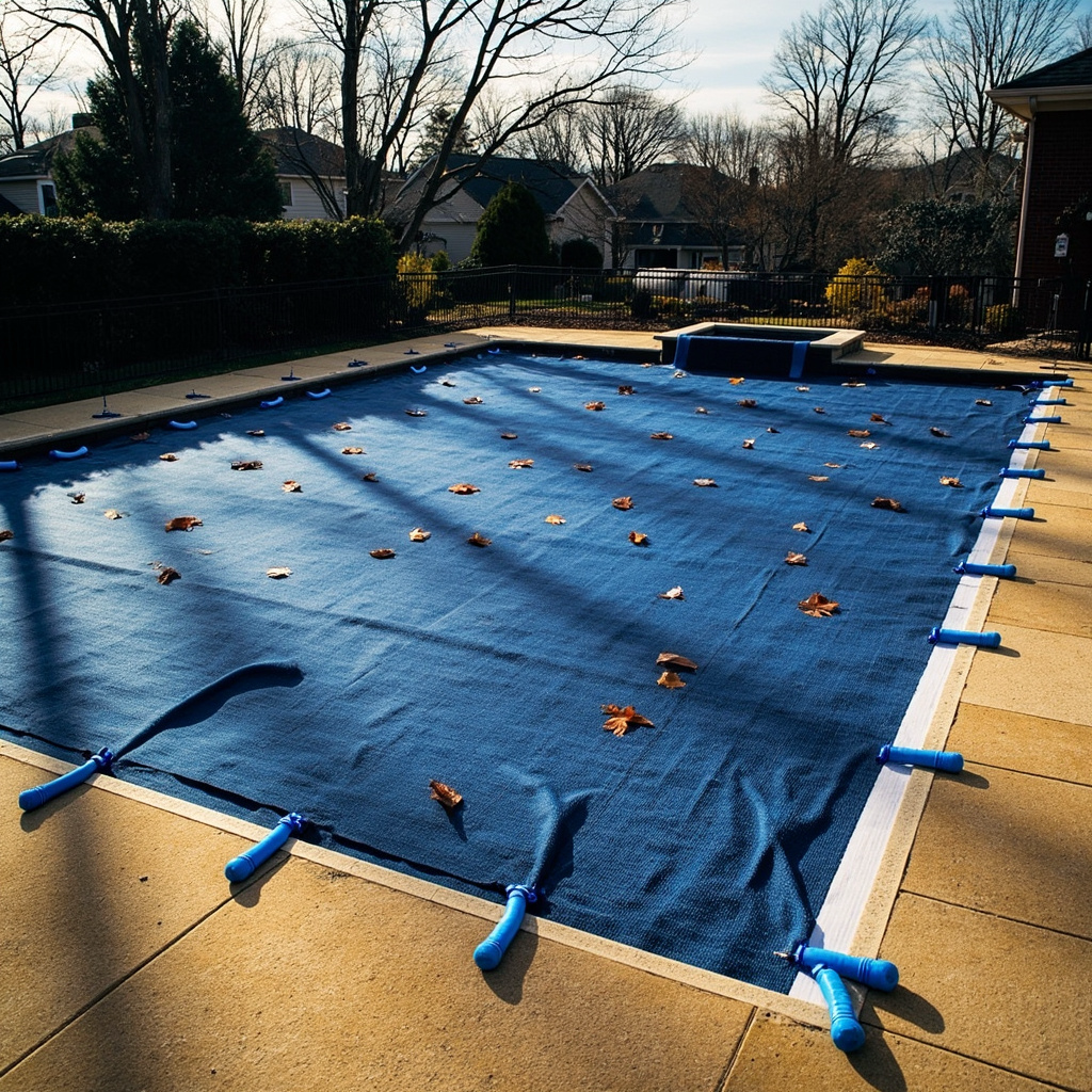 Pool fully closed for winter: navy safety cover stretched tight across surface, secured by blue water-tube weights