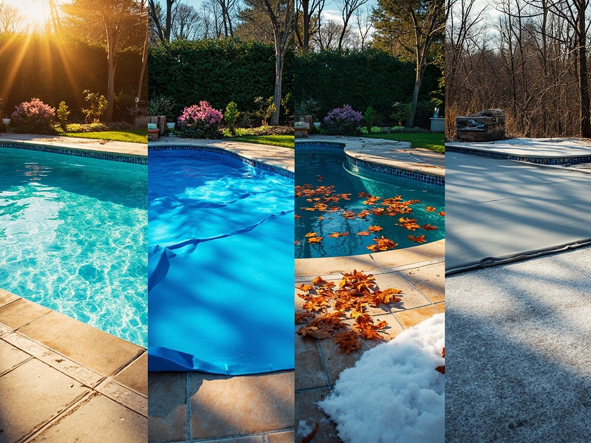 Four-season backyard pool care: summer swim deck, lush spring greenery, autumn leaves, and snowy winter pool
