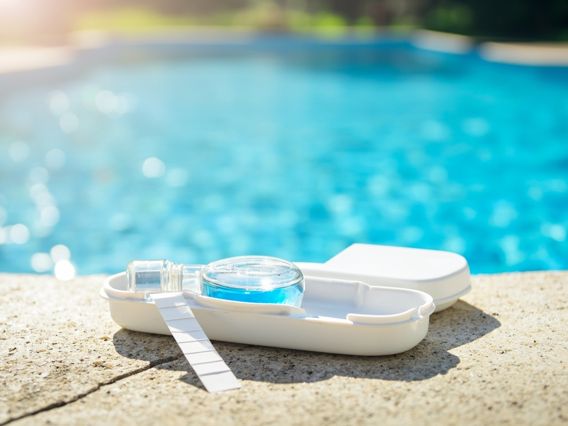 Pool water test kit open on the deck with a sample vial and test strip, clear blue pool in the background