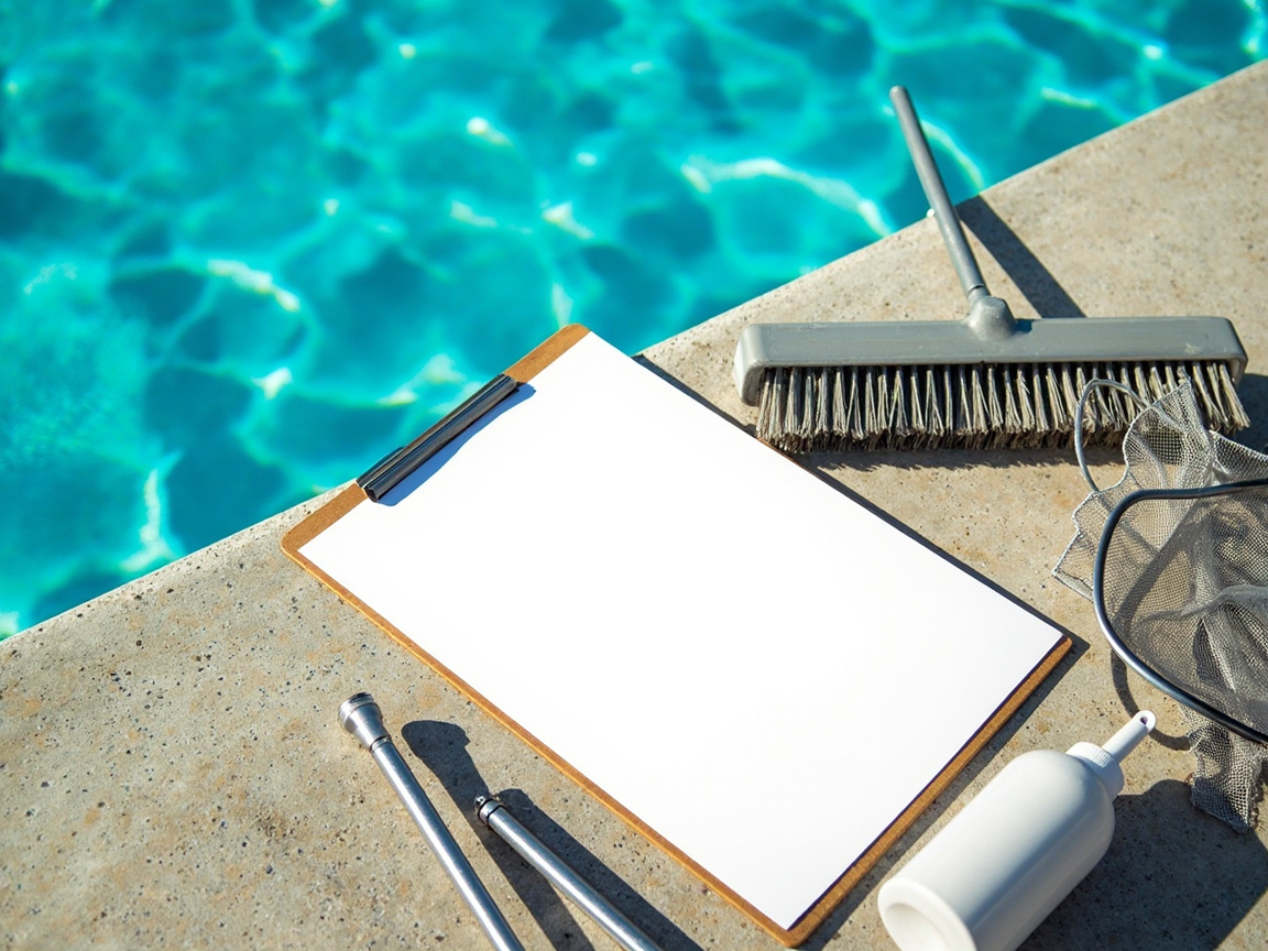 Blank weekly care clipboard with skimmer net, pool brush, and test-strip bottle beside a clear blue pool