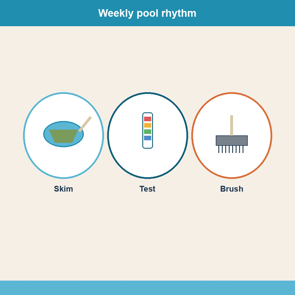 Icons for weekly pool skim, test, and brush tasks