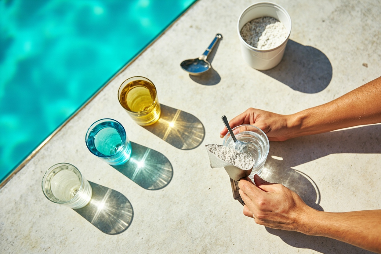 Pool chemistry balancing order: alkalinity, then pH, then hardness, then cyanuric acid, then free chlorine