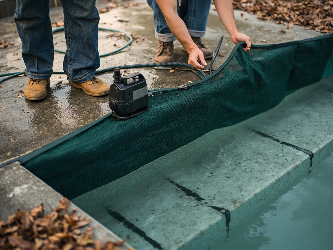 Two homeowners folding back a winter pool cover after pumping off standing water
