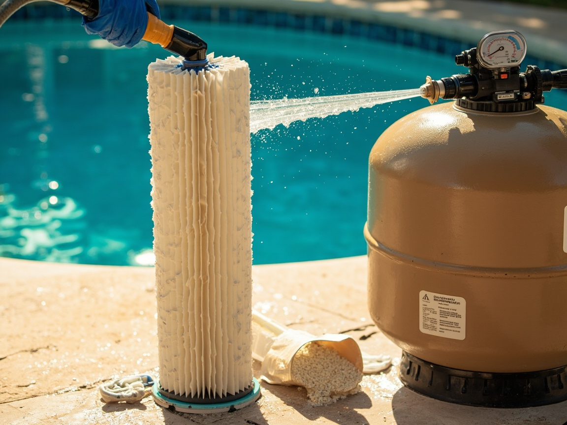 Opening-day pool filter pad: hosed cartridge, sand-filter backwash valve, and DE scoop beside a pressure gauge