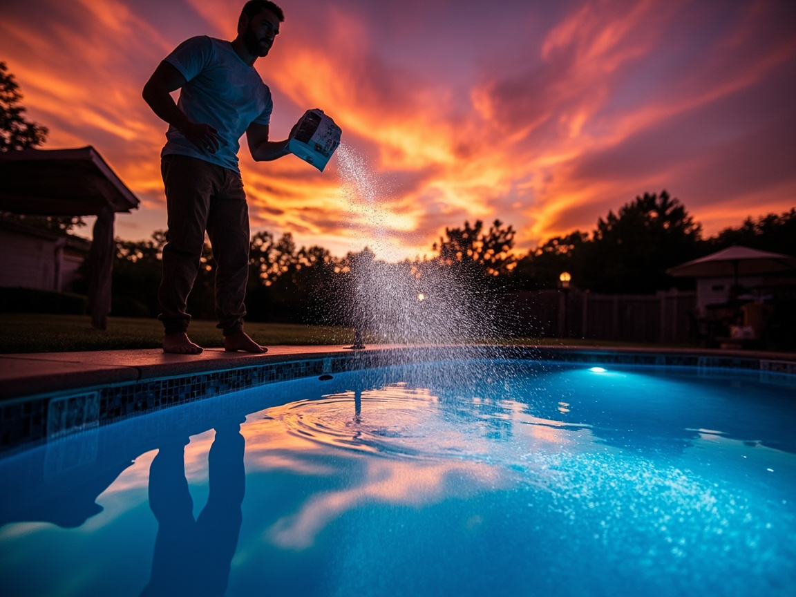 Pool owner broadcasting cal-hypo shock granules around the pool perimeter at dusk