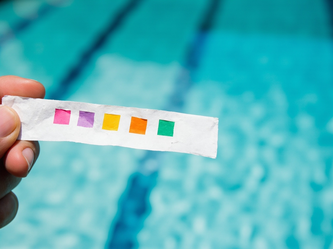Seven-way pool test strip with color chart, showing free chlorine, pH, alkalinity, hardness, and cyanuric acid readings