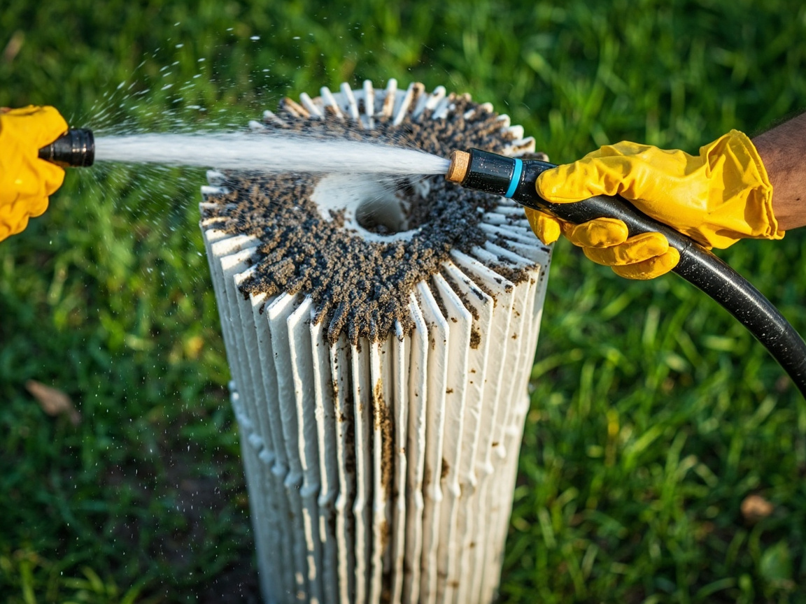 Rinsing a pool cartridge filter with a hose