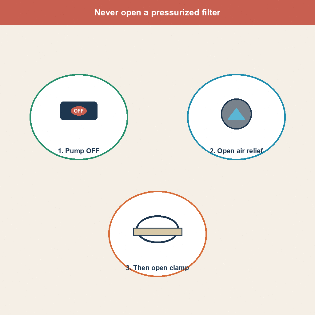 Never open a pressurized pool filter warning icons