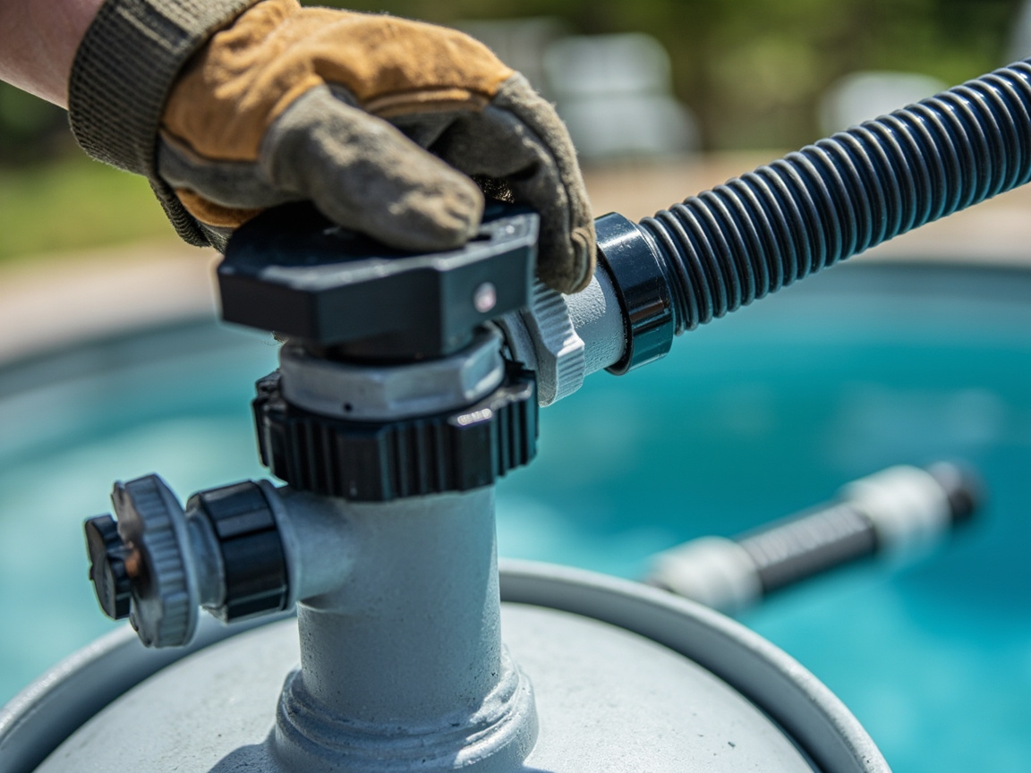 Sand filter multiport valve set to backwash