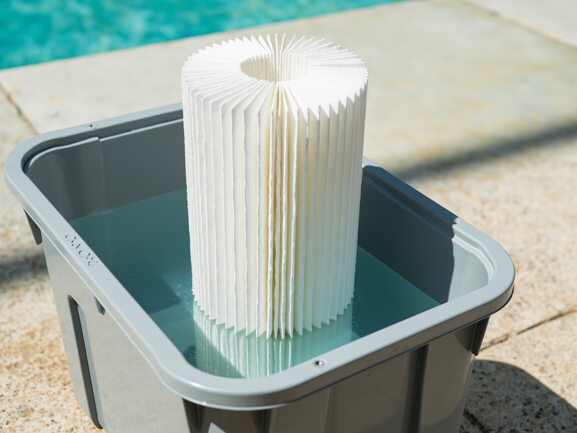 Pool cartridge soaking in a cleaning bin