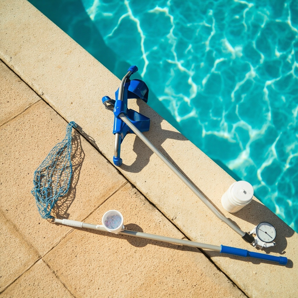 Top-down view of a tan pool deck with skimmer net, pump pressure gauge, and chlorine tablets for daily pool maintenance
