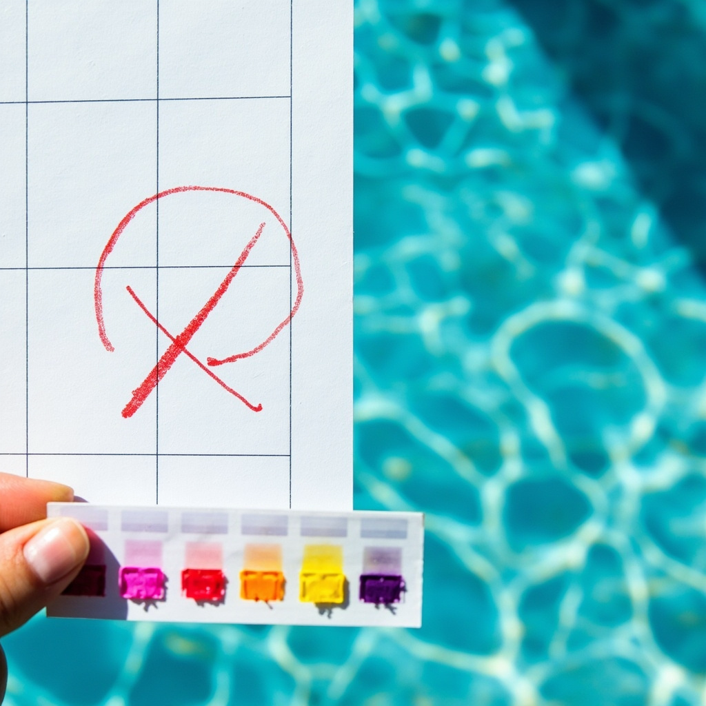 Split-frame pool maintenance infographic: a calendar with circled date and red X on left, clear pool with test strip on right