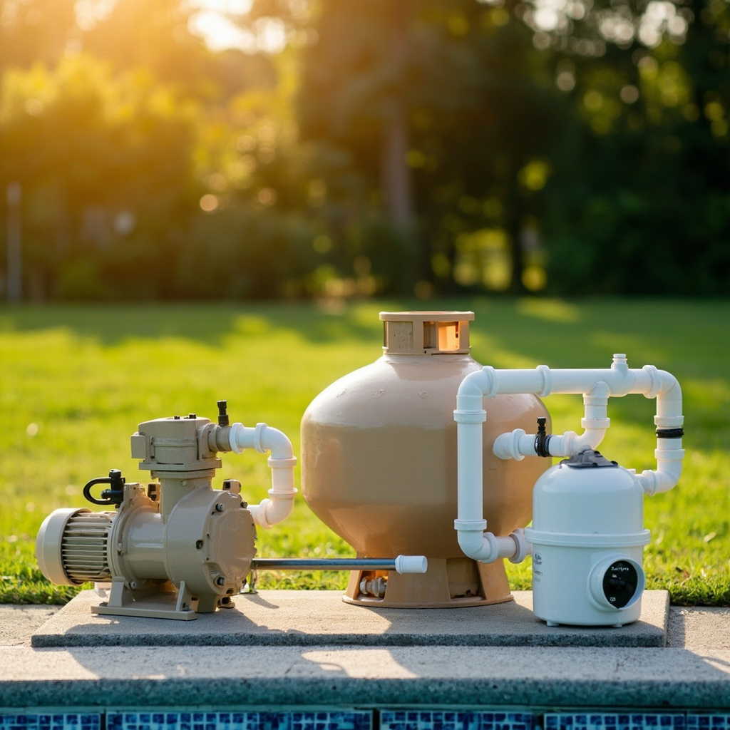 Pool equipment pad with a beige pump, tan sand filter tank, and small salt cell connected by white PVC