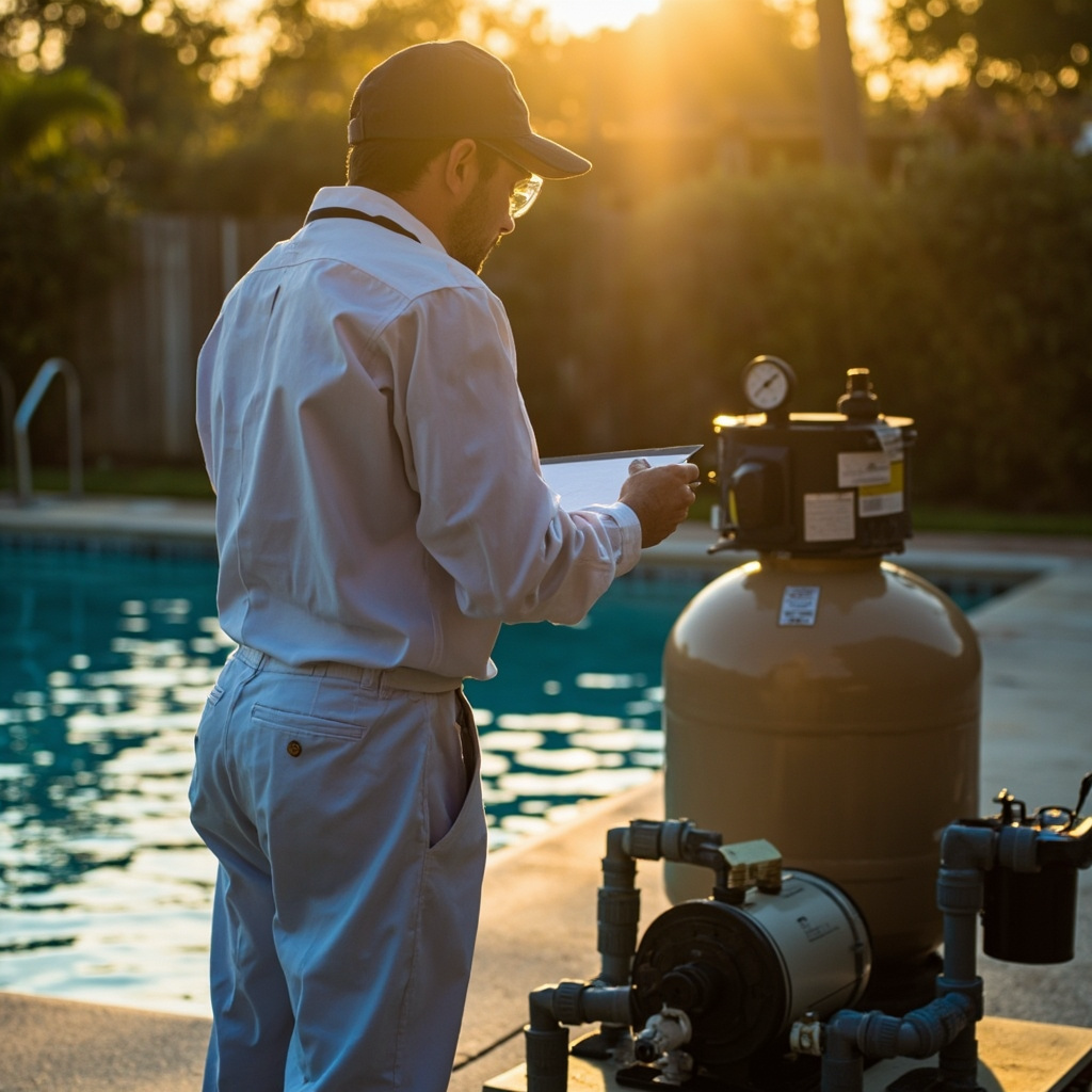 Pool service pro beside a residential pool equipment pad with clipboard, viewed from behind in sunny backyard