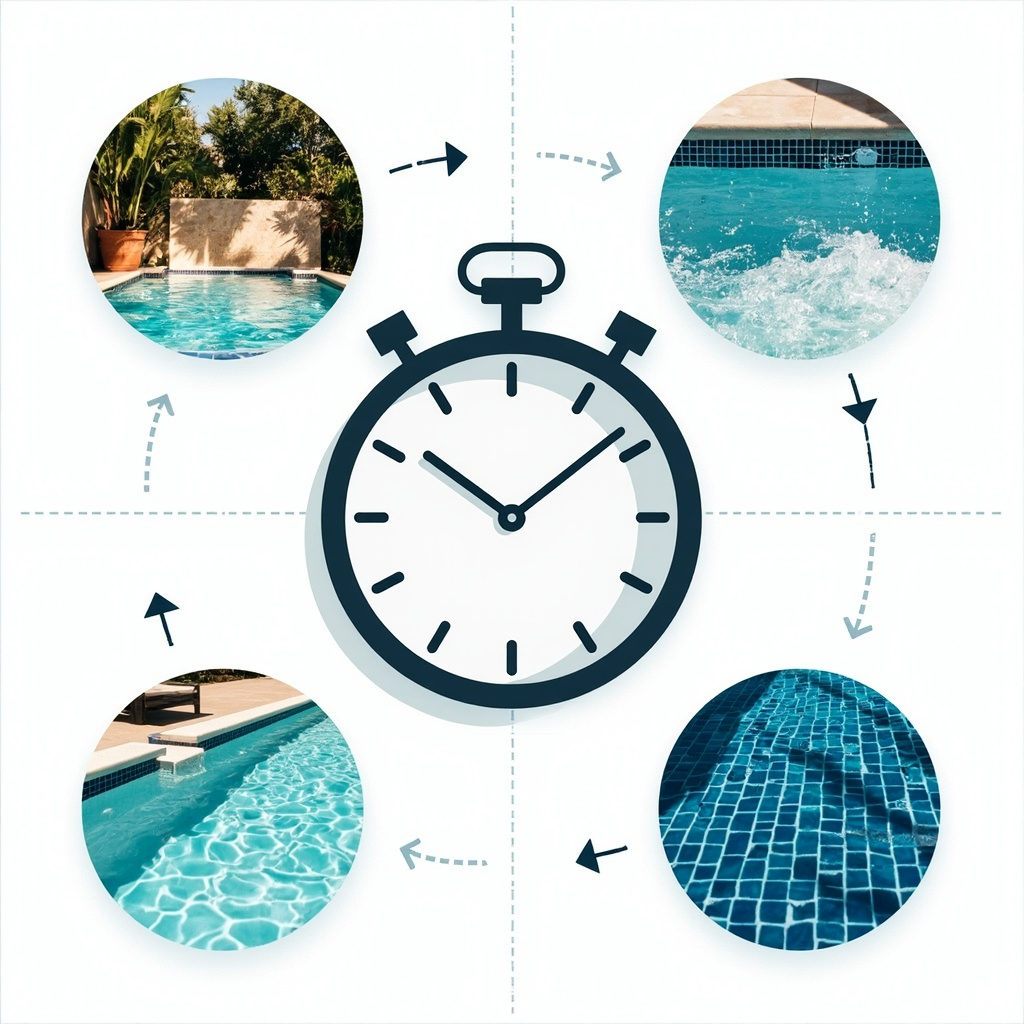 Clock face surrounded by four pool vignettes: backyard, saltwater with cell, busy public pool, quiet residential pool