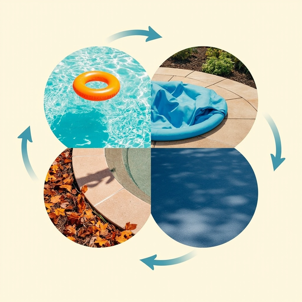 Four-quadrant seasonal pool diagram: summer swim, spring opening, autumn leaves, winter closed cover