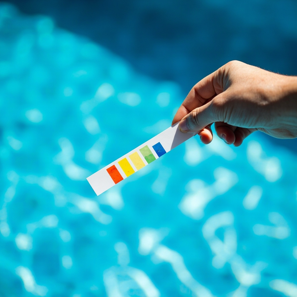 A bare hand holding a thin white paper pool test strip with colored reagent patches above a crystal-clear blue swimming pool