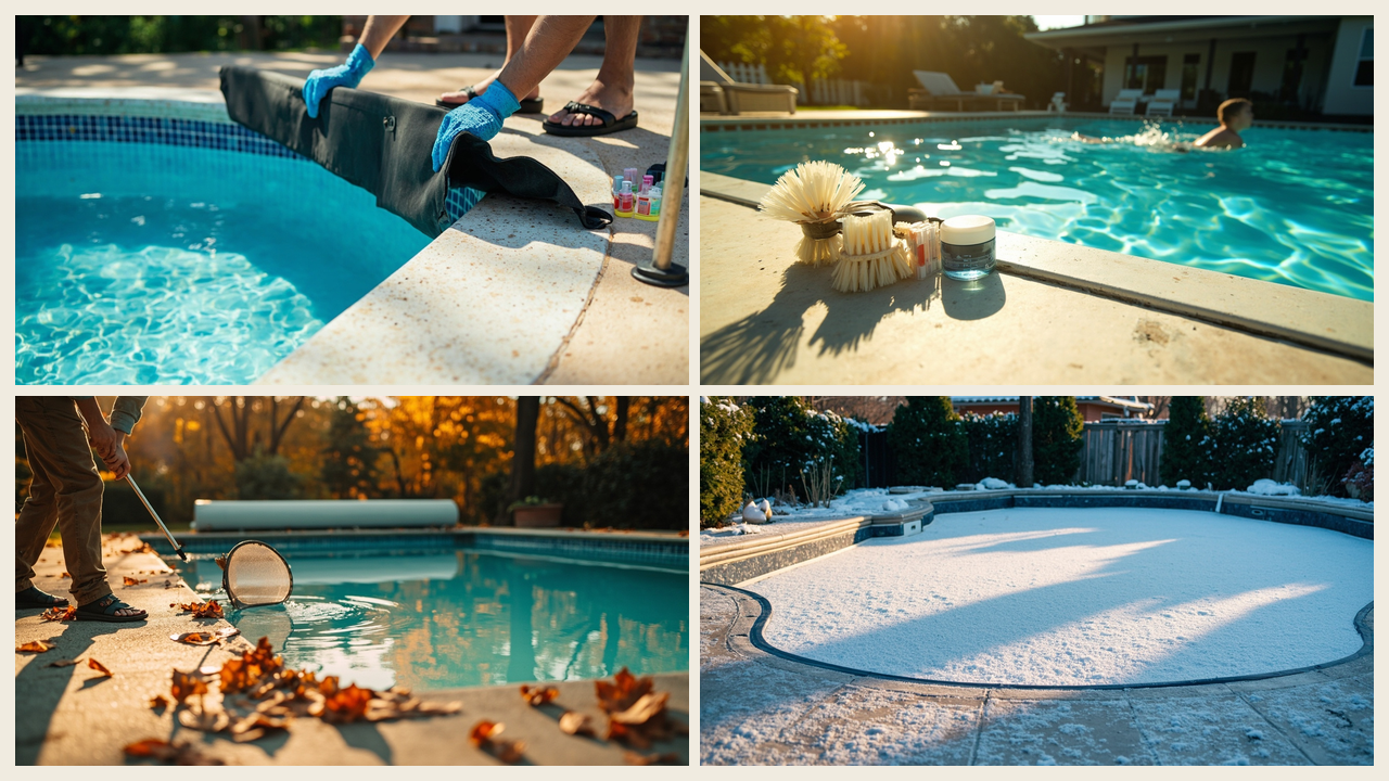 Four-panel seasonal pool care timeline showing spring, summer, fall, and winter weekly routine shifts