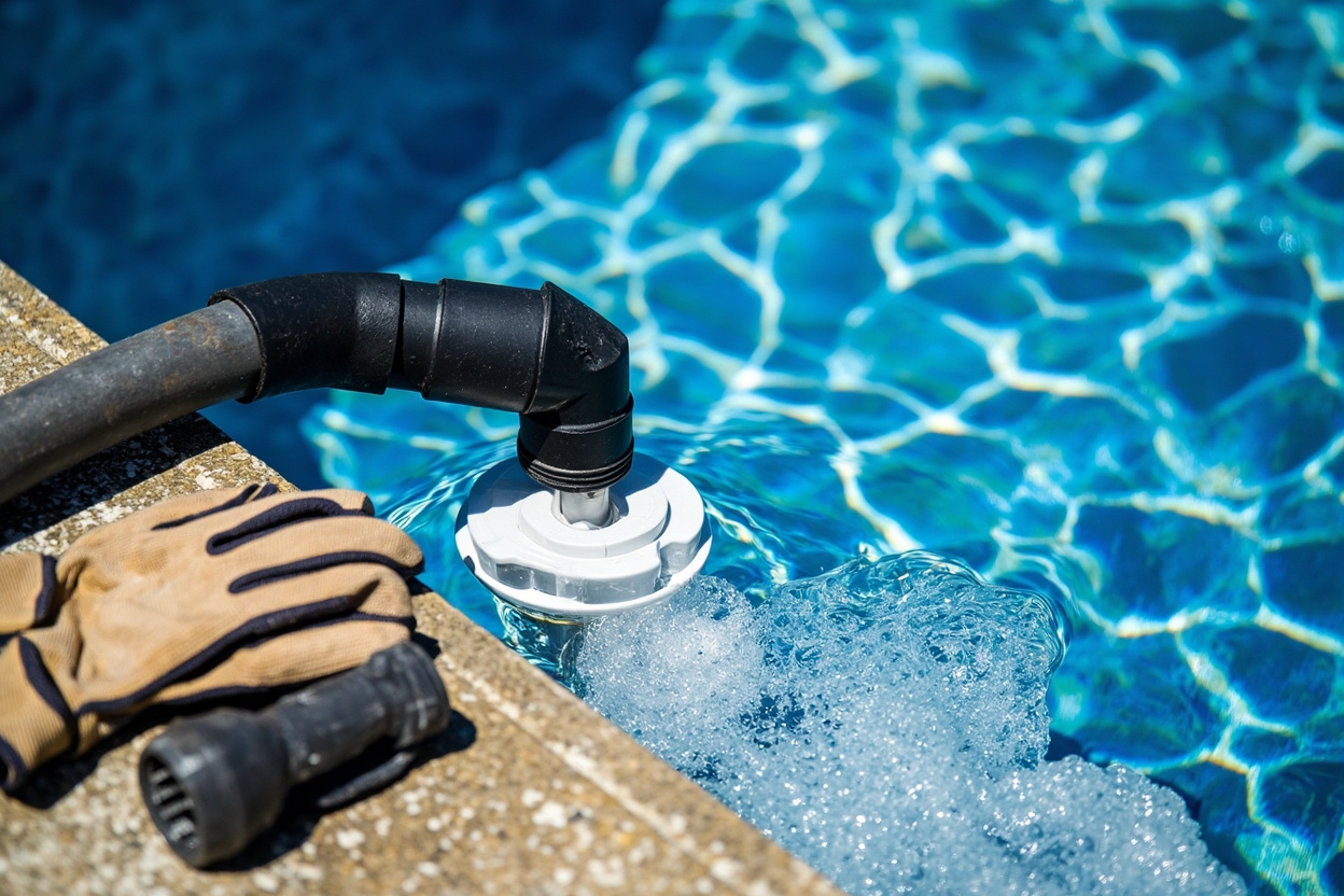 Air compressor blowing water out of a pool return line with a rubber winterizing plug ready to seal it