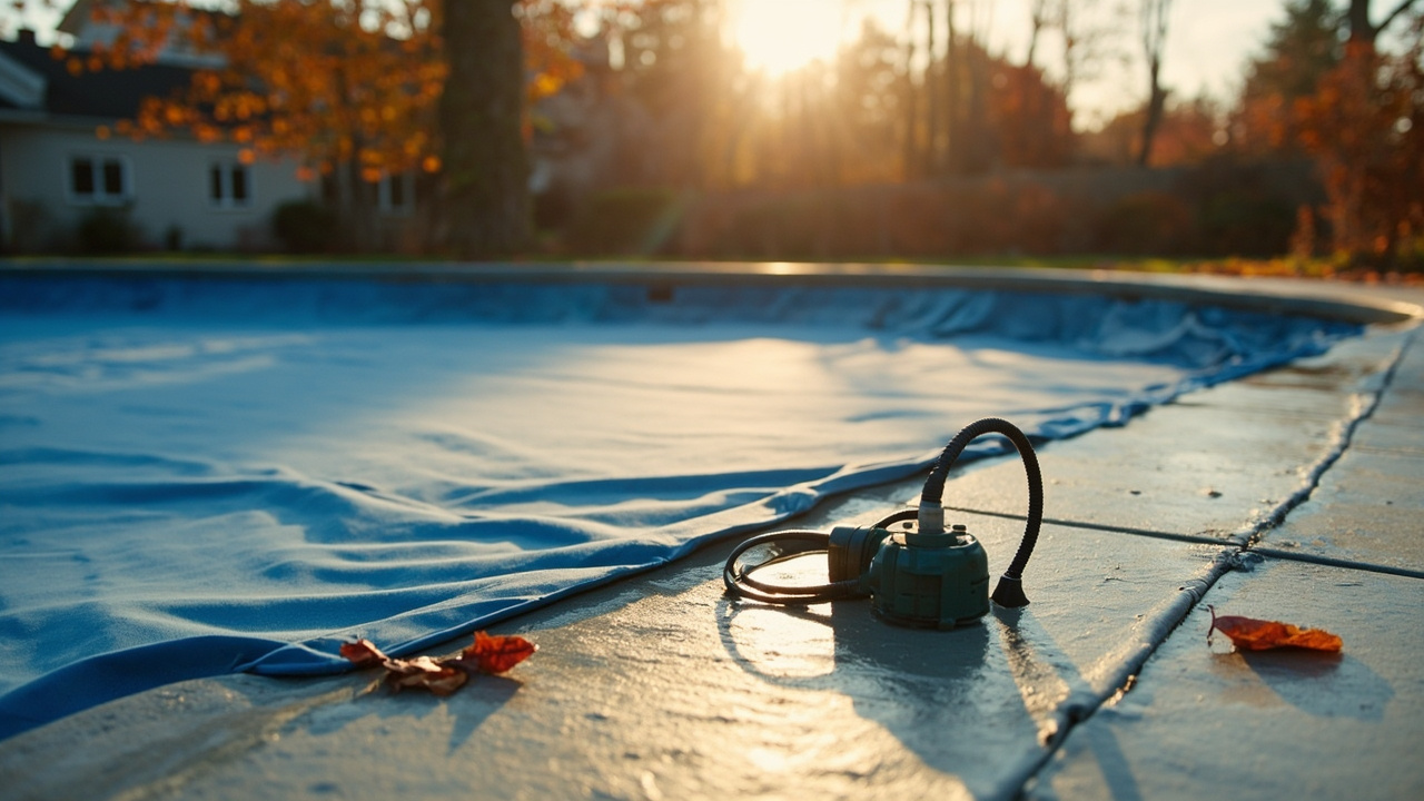 Solid winter pool cover with a cover pump sitting in rainwater and scattered wet leaves