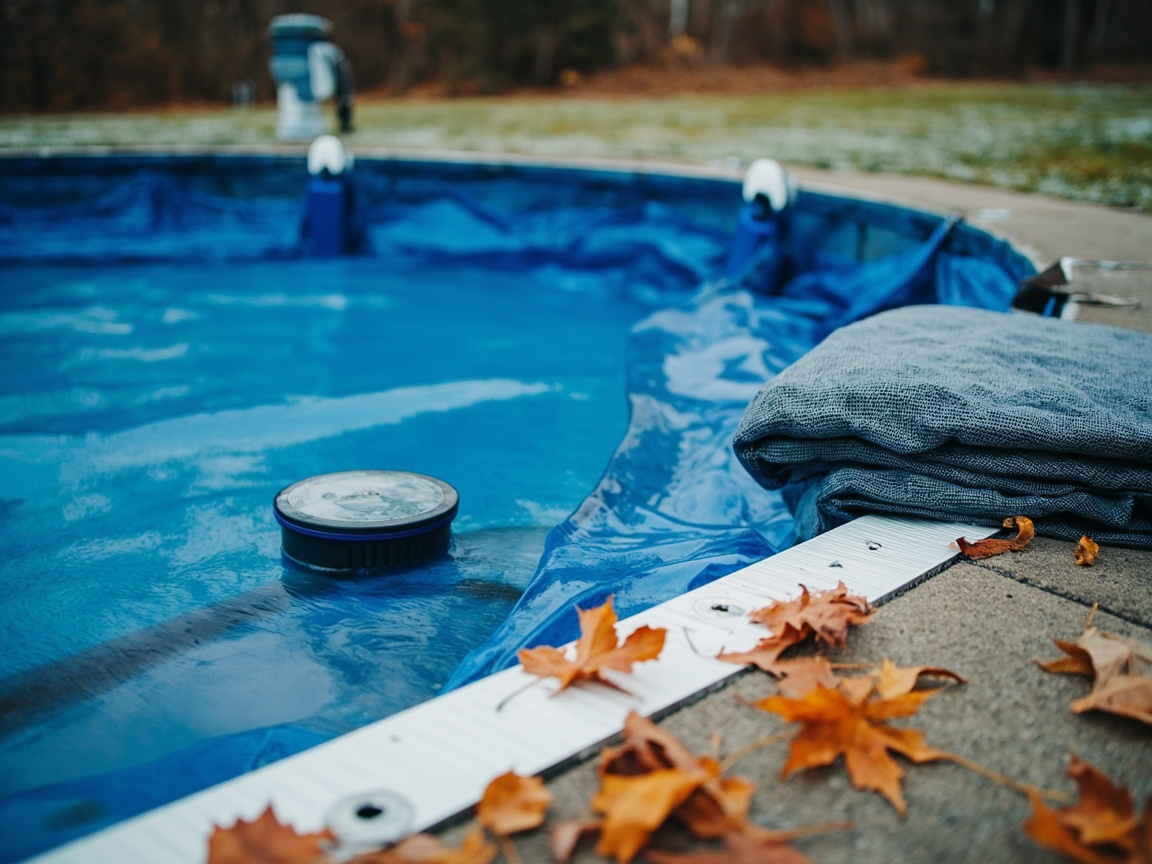 Blue solid winter pool cover with cover pump on top, autumn leaves on deck beside a closed pool