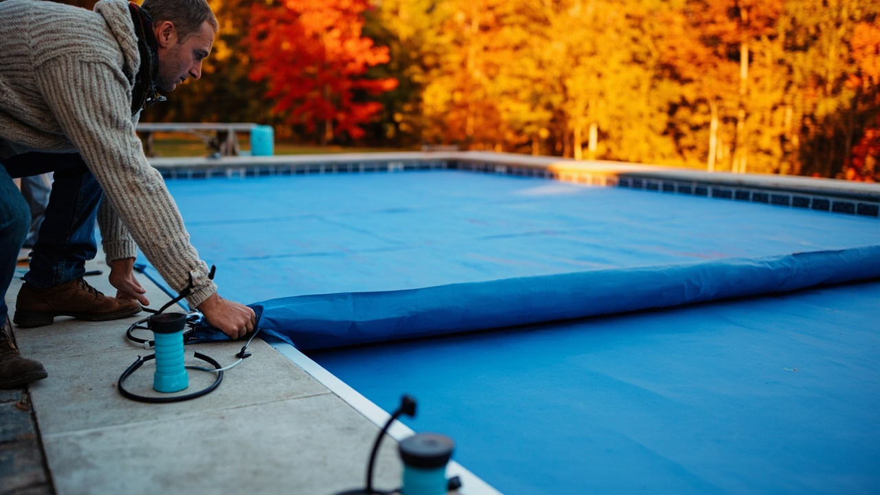 Person installing a solid blue winter pool cover secured with cable and anchors around the pool edge in autumn