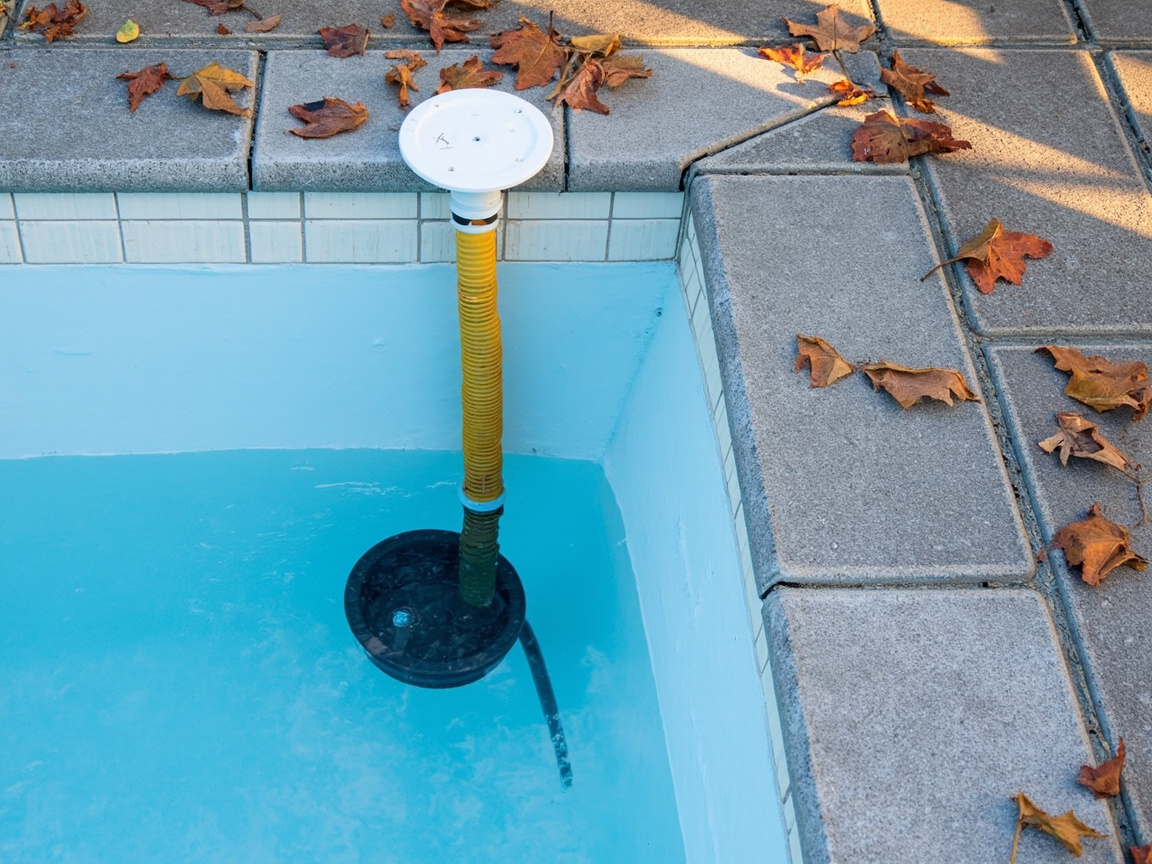 Pool water level lowered below the skimmer opening with a submersible drain pump and hose
