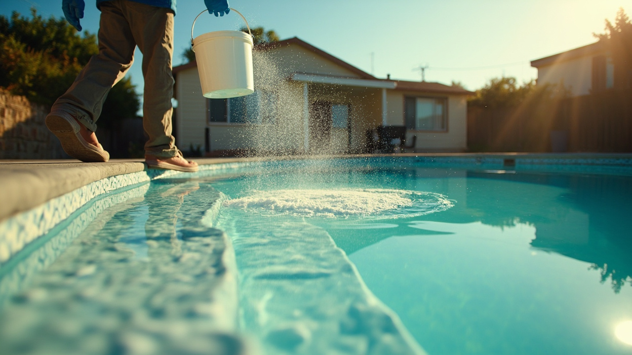 Person seen from behind pouring white granular powder from a plain white bucket into a backyard pool along the perimeter