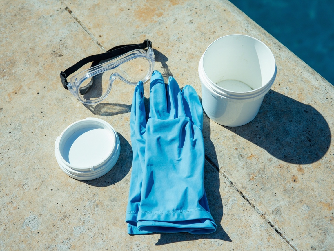 Pool chemical safety gear flat-lay on a concrete deck: blue nitrile gloves, clear goggles, and a plain white sealed tub