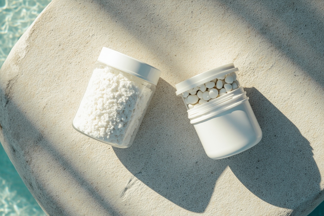 Two plain white pool chemical containers on a concrete deck: one holding granular crystals, one holding tablets