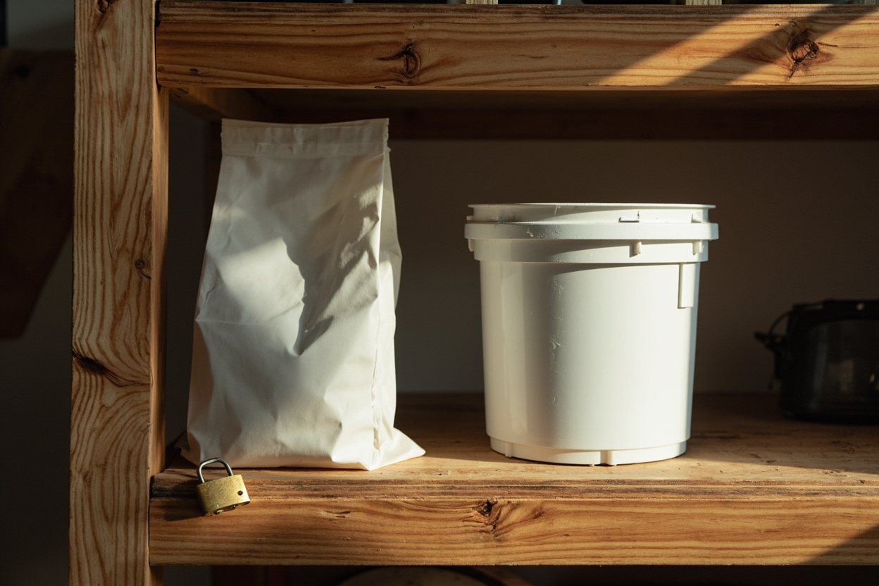 Indoor wooden garage shelf with a plain white plastic bag and tub placed apart, a brass padlock on the shelf edge