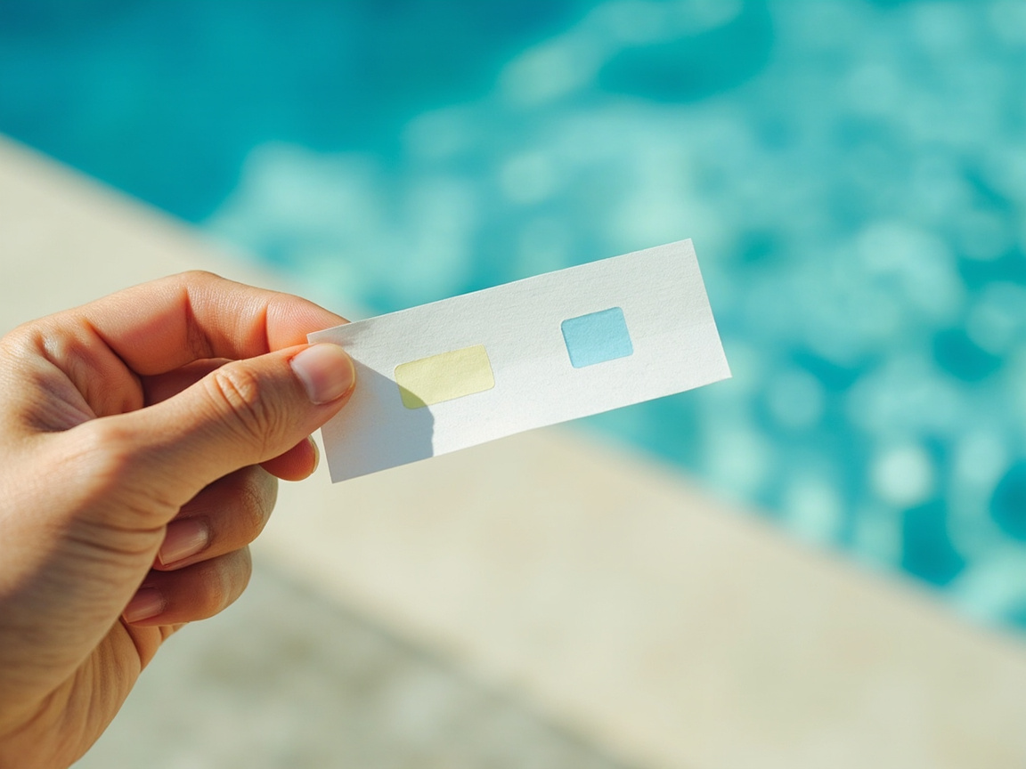 Hand holding a thin white paper pool test strip with two colored patches against a softly blurred pool water background