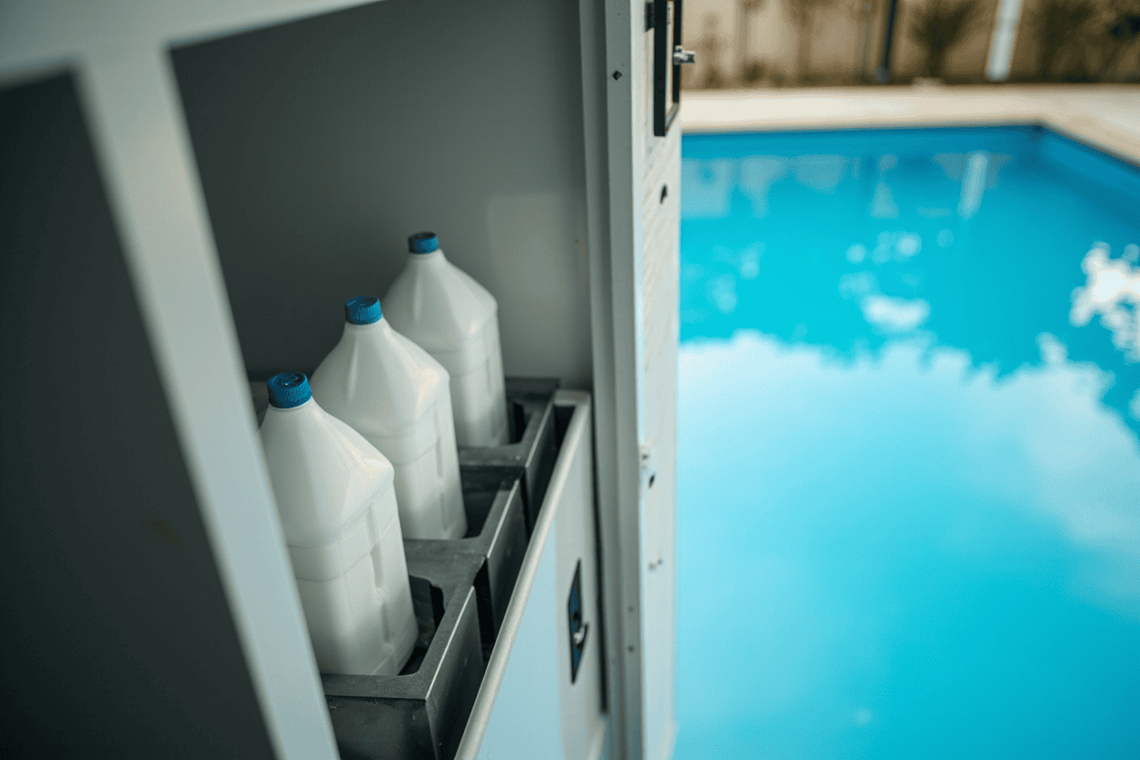 Pool chemicals stored upright in a dry cabinet beside a swimming pool