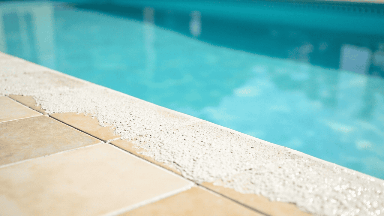 White calcium scale deposit along the tile waterline of a swimming pool