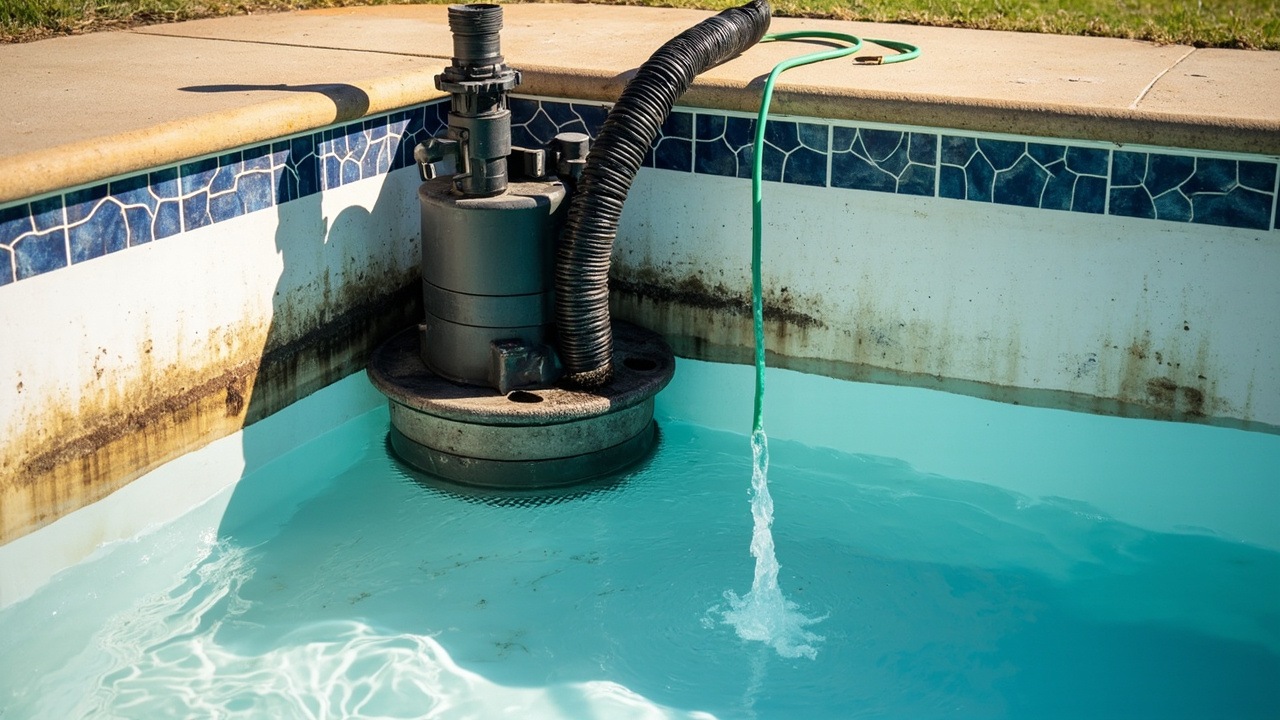 Controlled partial drain and refill setup at a residential swimming pool