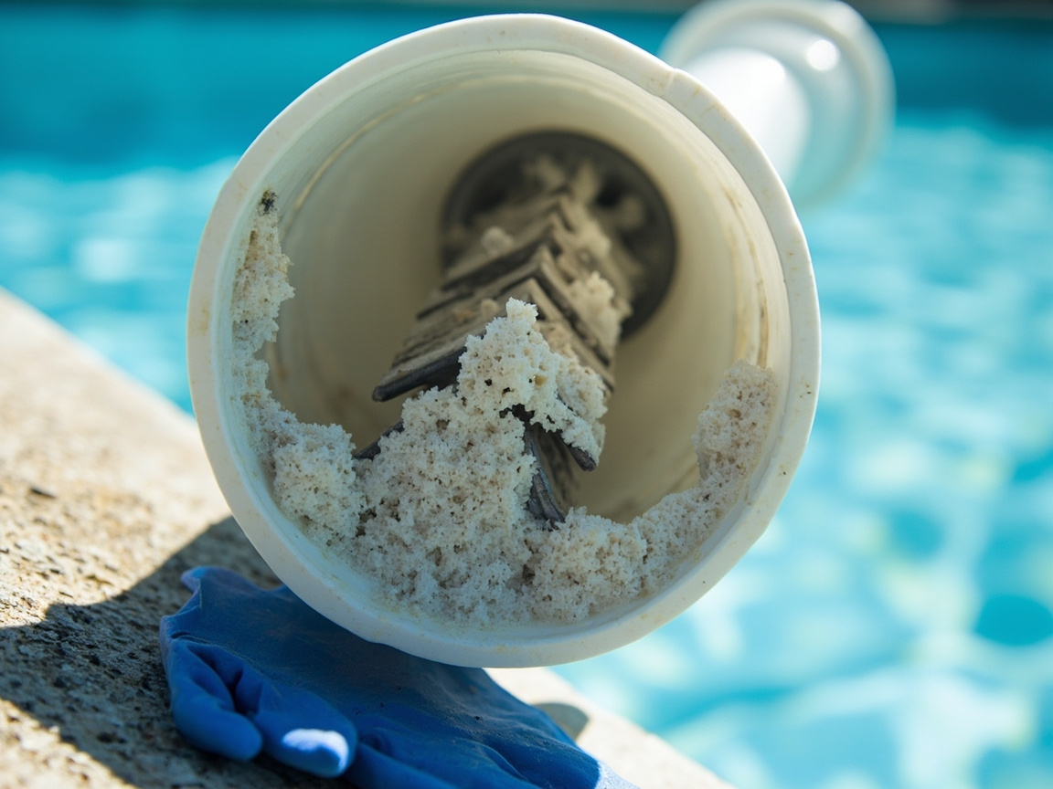 Salt chlorine generator cell with calcium scale beside pool equipment