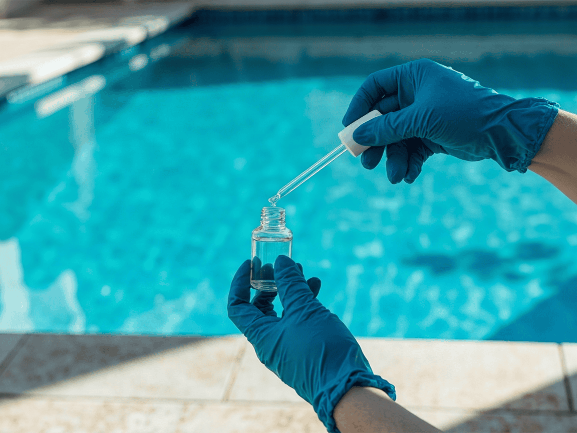 Gloved hands performing a calcium hardness drop test beside a swimming pool
