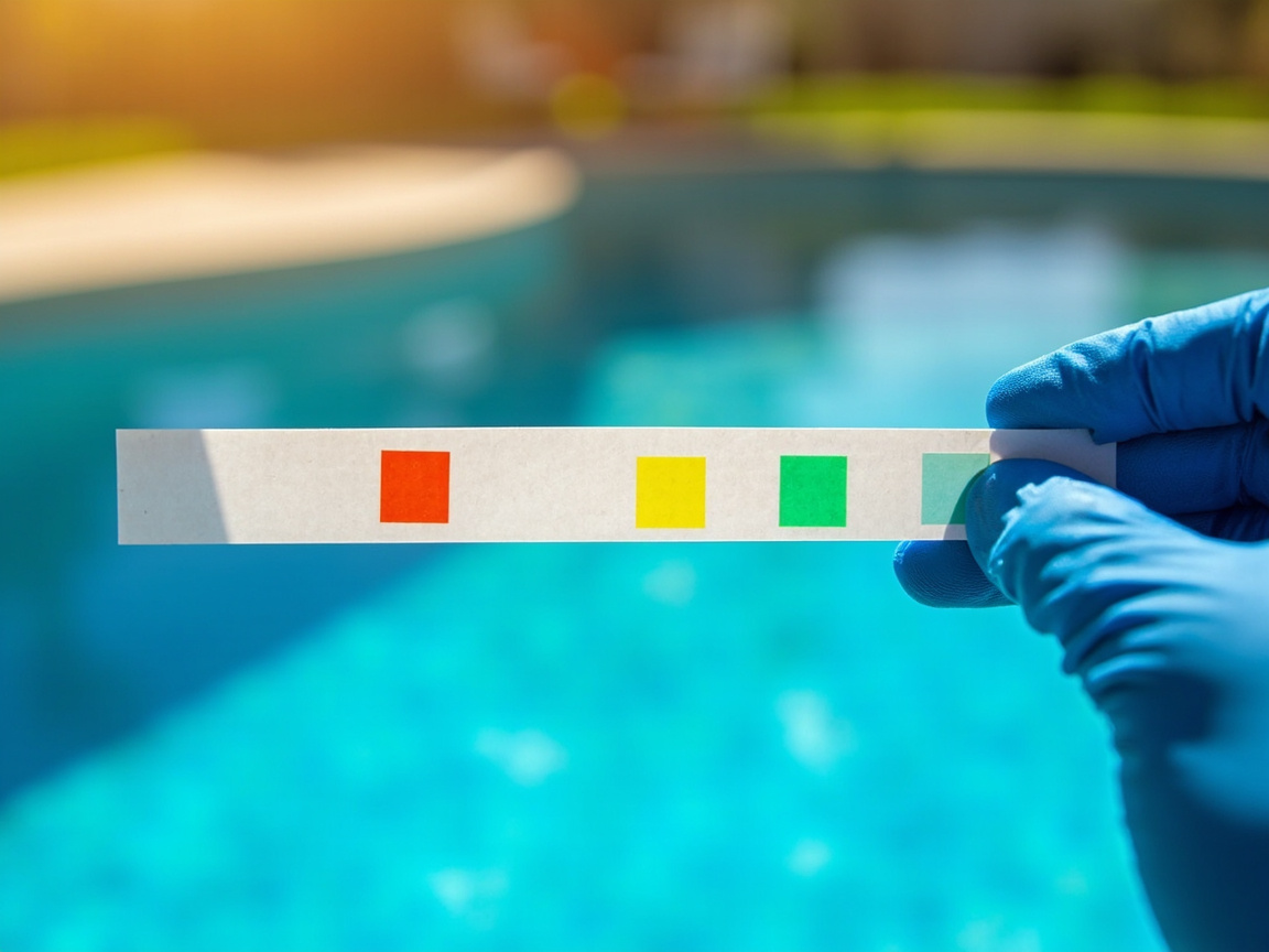Plain white phosphate test strip held in gloved hand with four colored reagent patches