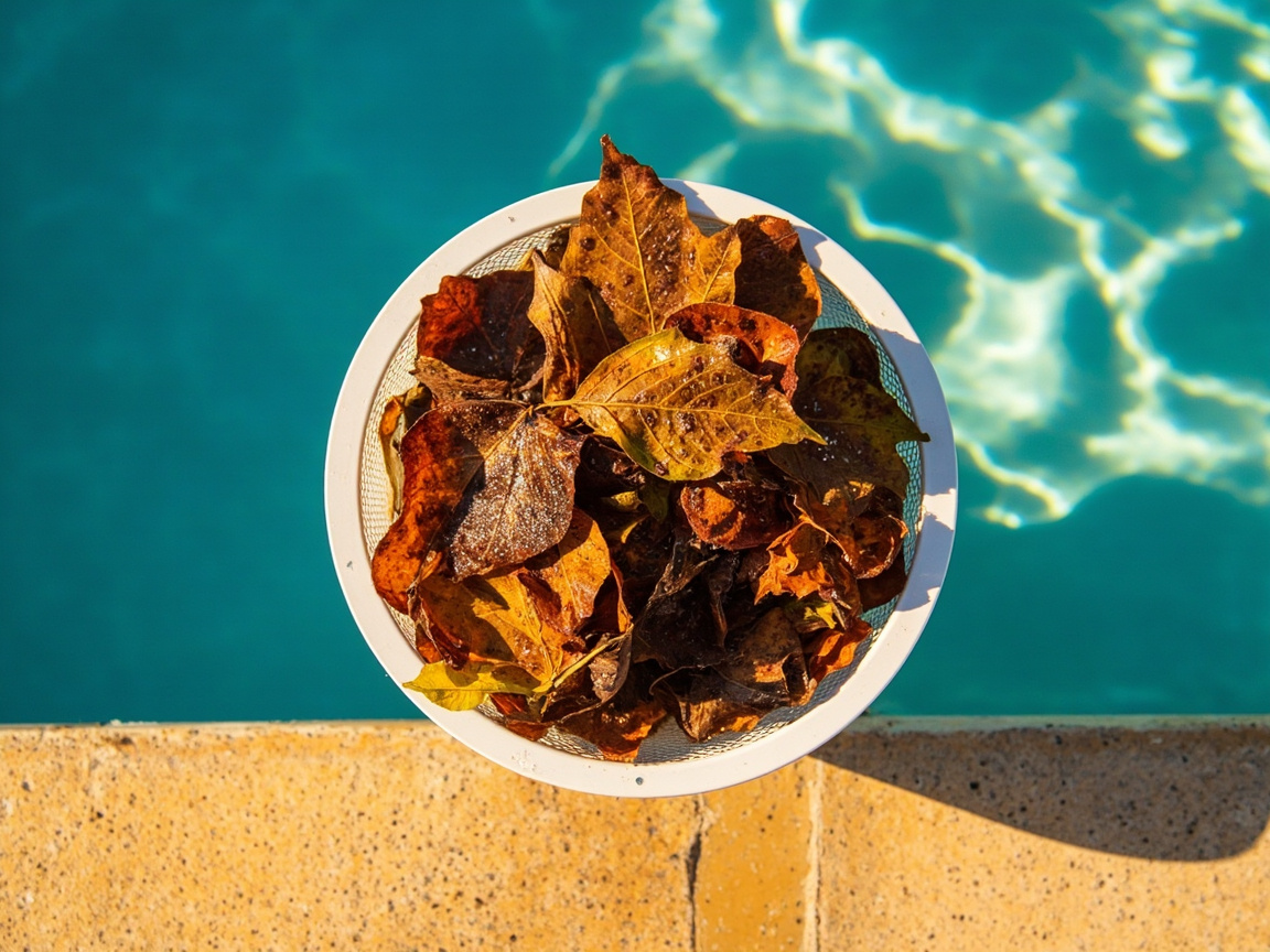 Top-down view of a pool skimmer basket full of wet decomposing fall leaves at the waterline, a phosphate source