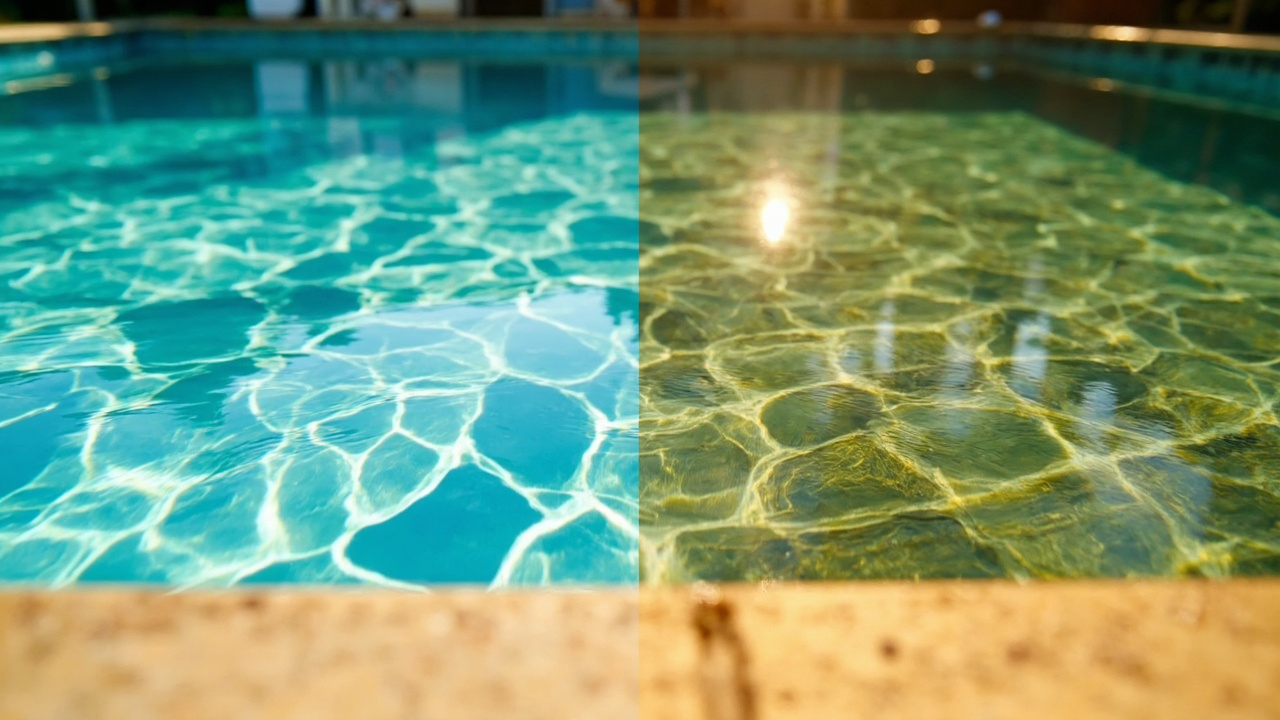 Split pool comparison: clear blue water left vs slightly cloudy green-tinted water right after algae bloom