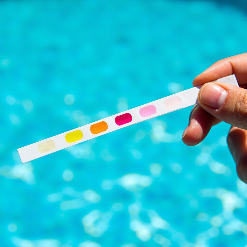 Thin white pool test strip with five colored reagent patches held above a crystal-clear blue pool