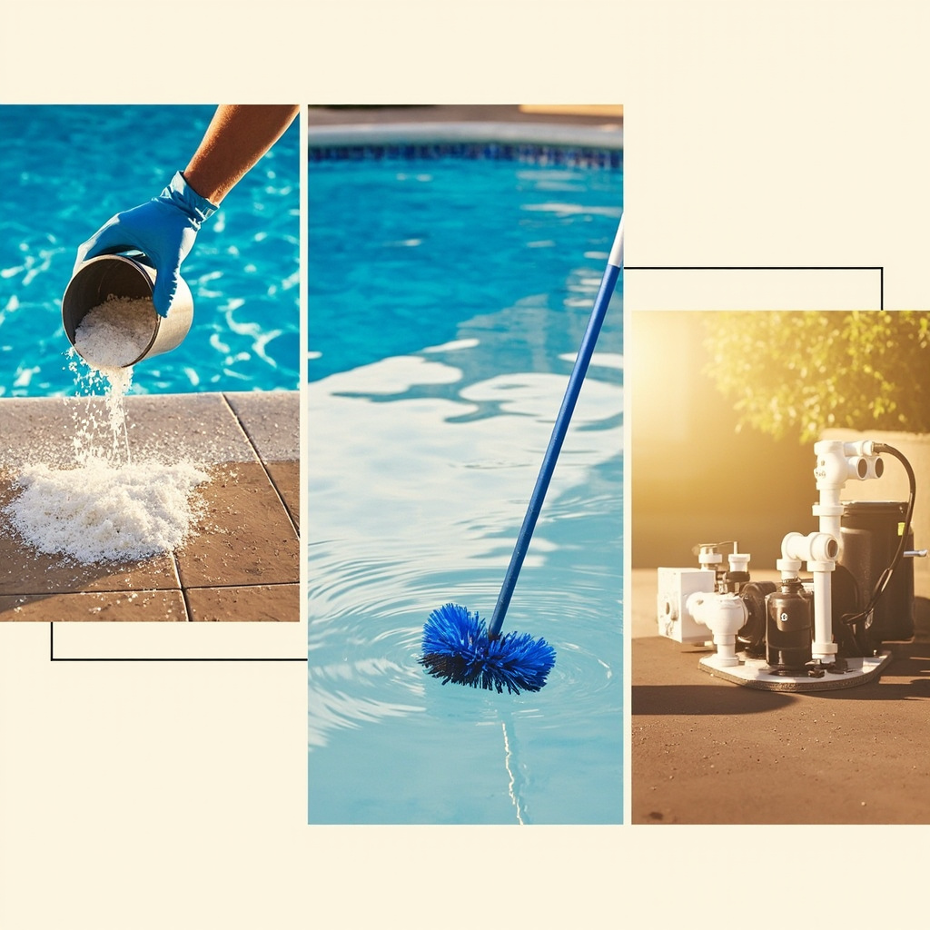 Three-panel pool shock sequence: gloved hand pouring shock, pool brush submerged, pump and filter equipment
