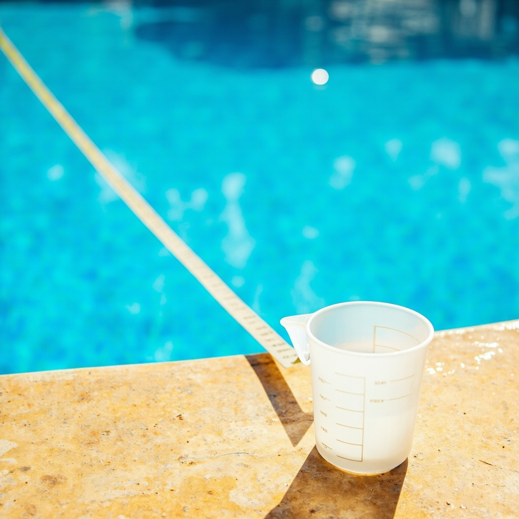 Tape measure stretched across a clear blue pool with a translucent measuring cup on the deck in foreground