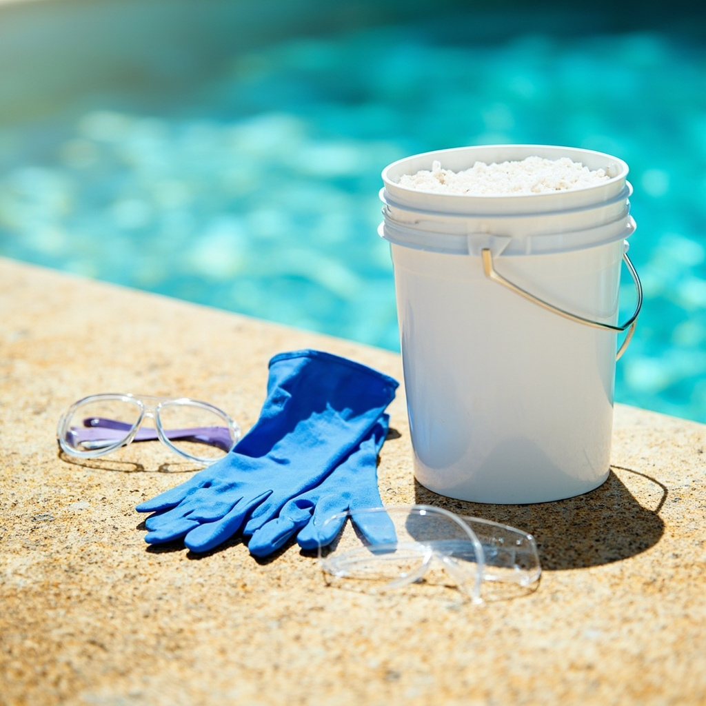 Blue gloves and clear safety goggles beside a white plastic bucket of pool shock granules on tan deck