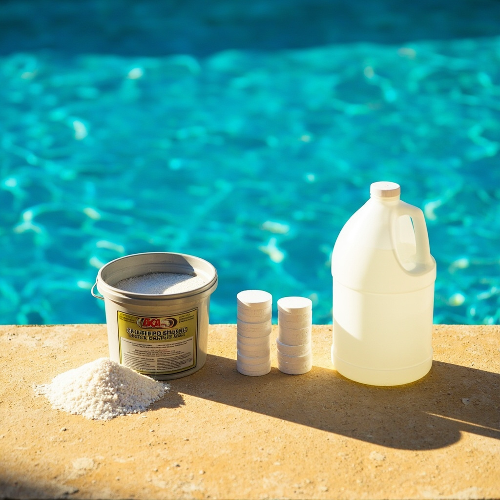 Three pool shock forms on a tan deck: granular cal-hypo, stack of dichlor tablets, and jug of liquid chlorine
